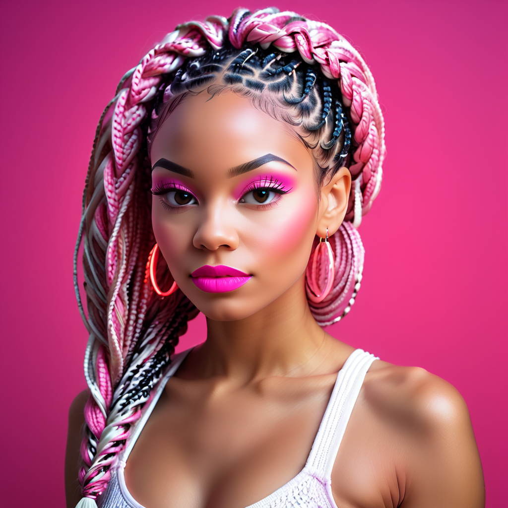 score_9, score_8_up, score_7_up, score_6_up, score_5_up, score_4_up, 1girl, solo, 40 years old, beautiful woman, mature woman, beautiful face and eyes, sexy lips, (multicolor box braids, pink and white braids, micro box braids, knotless braids), neon background, lipstick and eyeshadow, realistic, side view, latex bodysuit, side view, glowing, neon, cute, Comistyle<lora:Pony_XL_Colorful_Box_Braids-000006> <lora:lukethighwalkerneonponyv6>