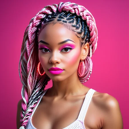 score_9, score_8_up, score_7_up, score_6_up, score_5_up, score_4_up, 1girl, solo, 40 years old, beautiful woman, mature woman, beautiful face and eyes, sexy lips, (multicolor box braids, pink and white braids, micro box braids, knotless braids), neon background, lipstick and eyeshadow, realistic, side view, latex bodysuit, side view, glowing, neon, cute, Comistyle<lora:Pony_XL_Colorful_Box_Braids-000006> <lora:lukethighwalkerneonponyv6>