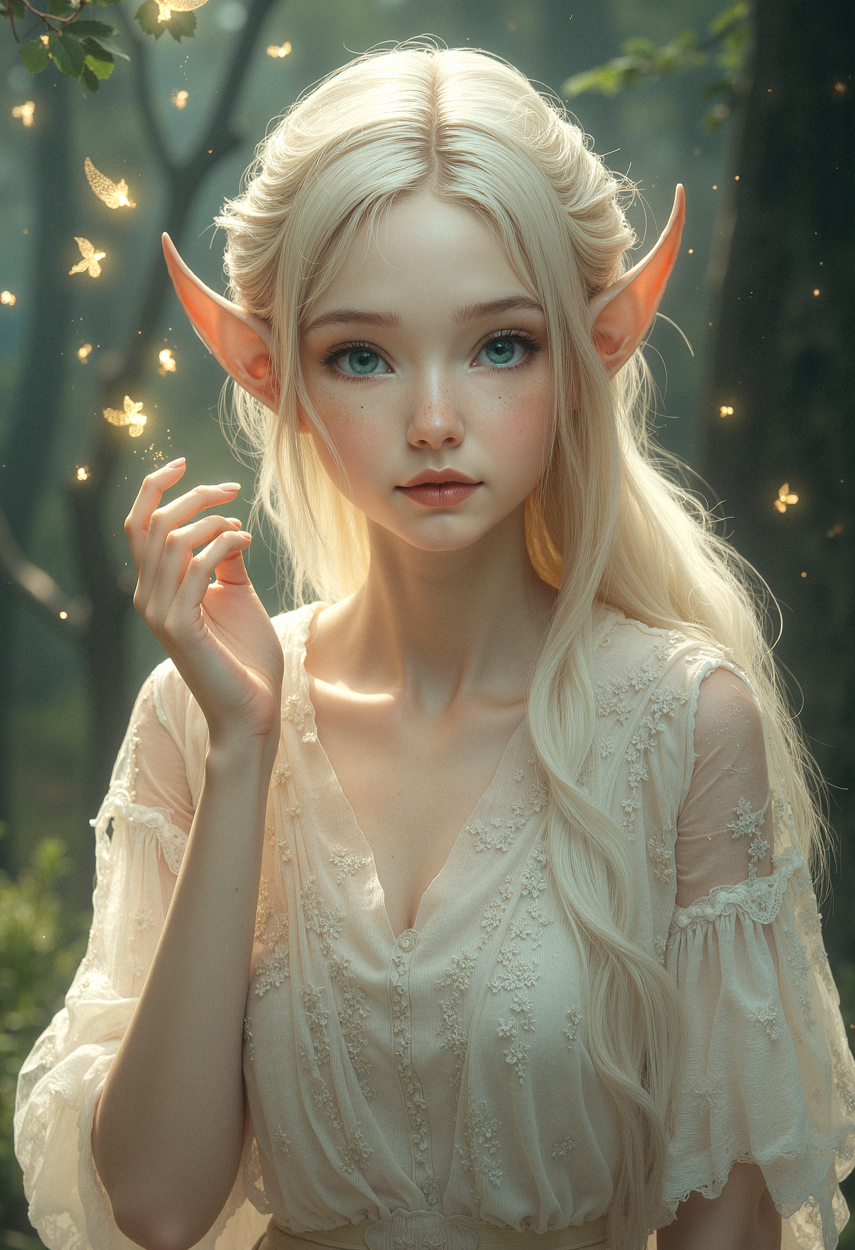 A hyper-realistic, portrait of a delicate elf girl standing in a soft, magical forest setting. She has pale skin with smooth, flawless texture. Her big, bright, deep blue eyes are wide open and slightly tilted upwards. Her long, flowing, light blonde hair cascades down past her shoulders, with soft, wispy strands framing her face. She has large, pointed elf ears that extend outwards and upwards, being one of her most distinct features. She is wearing a transparent, sheer white robe that drapes loosely over her slender body, revealing subtle contours of her figure underneath. The robe has delicate ruffles at the hem and sleeves, with a thin, translucent veil resting gently on her head, adding a sense of innocence and ethereal beauty. Her right hand is raised, holding a glowing, golden firefly delicately between her fingers. Several small glowing fireflies float around her, enhancing the soft magical atmosphere. The lighting is soft and warm, with a golden glow illuminating her face and the surrounding area, creating a gentle, serene, and dreamlike scene.    <lora:FluxDFaeTasticDetails:0.8>  <lora:aidmaMJ6.1-FLUX-V0.2:0.66> aidmaMJ6.1,