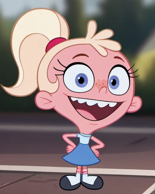 score_9, 1girl, solo, stl1, official art, official style, pink skin, open smile, big head, teeth, dress, freckles, buck teeth, full body, socks, ponytail, blonde hair, hands on hips, looking at viewer, blurry background, parody, <lora:stl1:1>,