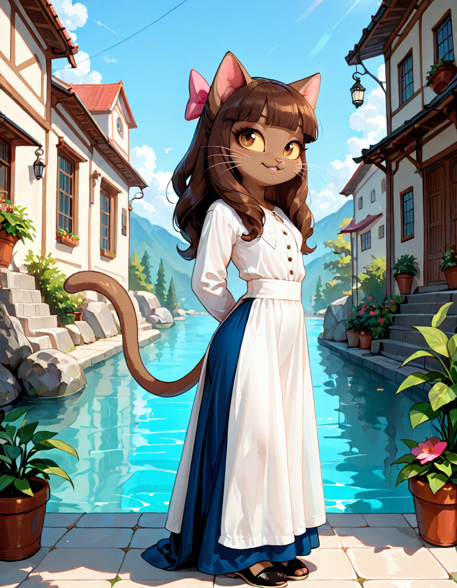 masterpiece, best quality, very aesthetic, absurdres,
outdoors, dressed,
full body, posing, 
seductive smile, parted lips, long eyelashes,
 <lora:Ivy_Pepper_v01_NAIXL:1>
1vyP3pp3r,1girl,solo,furry,furry female,cat girl,cat ears,brown hair,hair bow,long hair,blunt bangs,brown eyes,yellow sclera,animal nose,whiskers,body fur,cat tail,