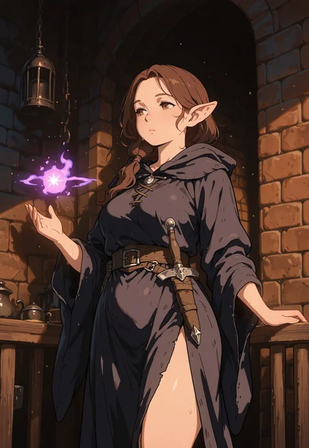 masterpiece, best quality, newest, highres, absurdres, detailed, erotic style
night, darkness, 
halfling woman, halfling, fantasy, (mature:1.6), brown hair, brown eyes, medium breasts, chubby, overweight, fantasy robe, yelllow magic robe, magic rode, hood, dungeons and dragons, ((fantastical)), (mystical), artistic, solo
Stern look, looks with distrust, standing
medieval prison, cell, dungeon. 

