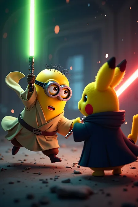 A close-up, action-packed scene showing a Minion in a flowing Jedi robe, holding a green lightsaber with both hands, leaping towards Pikachu, who is cloaked in dark Sith attire with a fiery red lightsaber. The Minion’s eyes are wide with determination, while Pikachu’s expression is fierce and focused. The lightsabers emit bright light and sparks as they are about to clash. The setting is space station. (dynamic, cartoon style, vivid colors, energetic, dramatic lighting, close-up action)