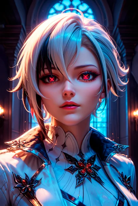 score_9, score_8_up, score_7_up, 1girl, arlecchino_\(genshin_impact\), long_sleeves, bare_shoulders, standing, white_coat, x-shaped_pupils, large_breasts, red_pupils, large breast, beautiful bright colors, detailed lighting, detailed glow, cinematic light, intricate detail, dynamic shot, volumetric lighting, dramatic shadows