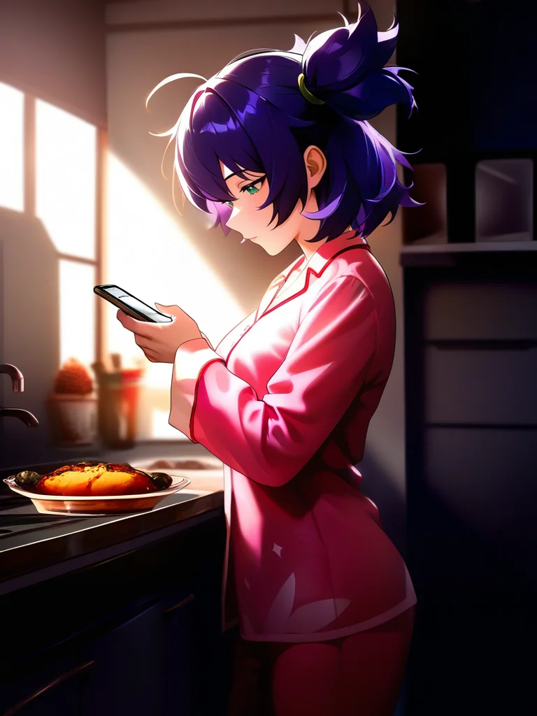 masterpiece, best quality, absurdres, highres, very awa,
<lora:un-30:1> unlblch, 1girl, solo, purple hair, two sides up, short hair, green eyes,
anime_style,
oil painting \(medium\),pajamas, kitchen, indoors, holding phone, looking at phone, looking down, smartphone, blue eyes, morning hair, sleepy, ahoge, messy hair, (food:1.2), cowboy shot, standing, from side, closed mouth
<lora:Dramatic Lighting Slider_1173323:0.8>
