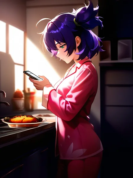 masterpiece, best quality, absurdres, highres, very awa, 
<lora:un-30:1> unlblch, 1girl, solo, purple hair, two sides up, short hair, green eyes,  
 anime_style,
oil painting \(medium\),pajamas, kitchen, indoors, holding phone, looking at phone, looking down, smartphone, blue eyes, morning hair, sleepy, ahoge, messy hair, (food:1.2), cowboy shot, standing, from side, closed mouth
<lora:Dramatic Lighting Slider_1173323:0.8>
