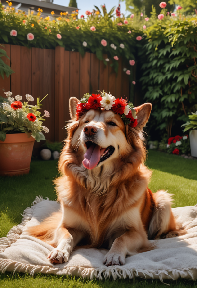(medium full shot) of (gentle dog) with red wiry fur, a flower crown, performing barking happily, set in  a cozy backyard, with a small garden, a few flowers, a comfortable lawn chair, and a dog lying in the sun, Masterpiece,best quality, photo, realistic, very aesthetic,