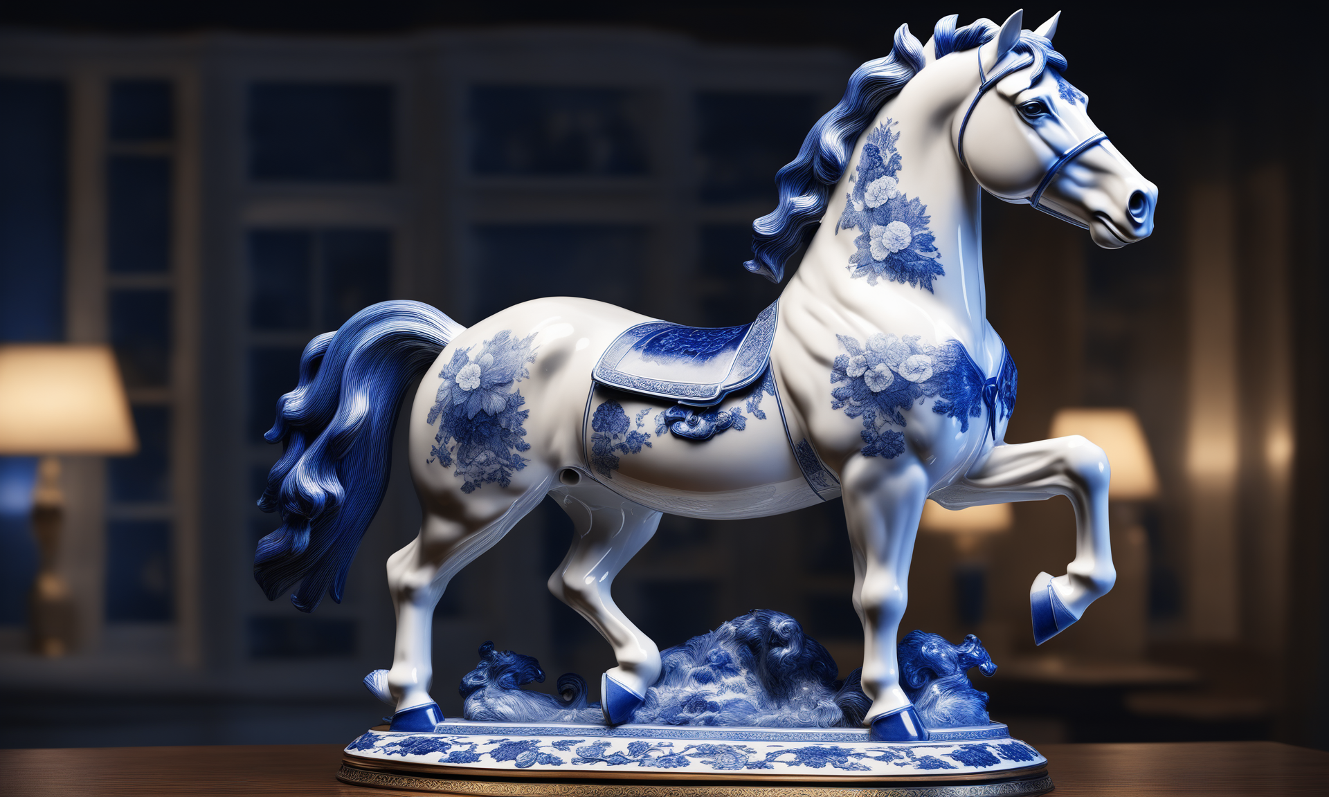 <lora:bwporcelaincd_xl-000007:0.7>, a statue of a horse standing on a table made of (bwporcelaincd_xl, blue and white porcelain, porcelain:1.2, shiny:1.3, solo:1.3) in office, indoors, full body, chinese zodiac, cutie, cute, still life, animal statue, front view, facing viewer, looking at viewer, (Unbelievable Digital Artwork:1.3), CGSociety, ArtStation, master works, 8K,HDR,UHD,masterpiece,best quality,highly detailed,emotional,harmonious,high budget,moody,epic,gorgeous,high resolution,perfect lighting,finely detail,extremely detailed,ultra detailed,realistic,photorealistic,huge filesize,photographic,real,wallpaper,moody lighting,volumetric lighting,reality ray tracing