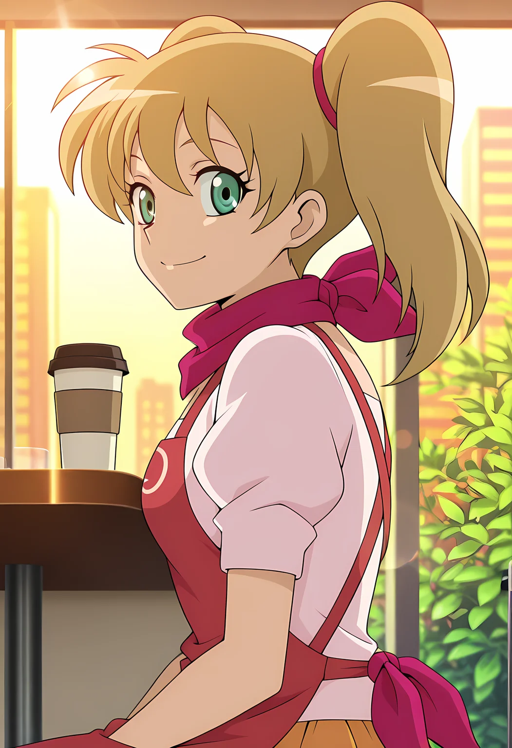 masterpiece,best quality,amazing quality,

solo, face focus,

Nagisa Daimonji (Cardfight Vanguard), green eyes, twintails, blonde hair, scarf, dress, short sleeves, puffy sleeves, apron, skirt,

Looking at viewer, big smile, from side,

cinematic, upper body, coffee cup, 

Sit, sitting, glass, sci-fi city, cafe, greenery, 

afternoon, sunset, 

Lens flare, bloom, detailed shadow,

Official style, anime screencap, anime coloring,
















