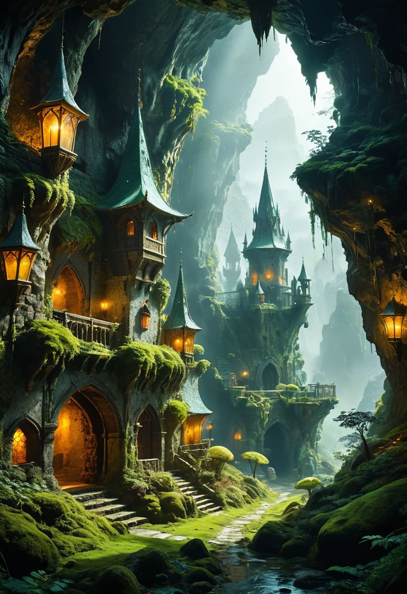 (magical fantasy hanging medieval city buildings with minarets in a fantastical vast expansive underground mossy enclosed cave dimension with lush shrubs vegetation), advntr, floating rock formations in zero gravity, (multi terraced slopes in a procession courtyard, cramped many story houses, many hanging connected multidimensional bridges and aqueducts with vines, giant olivine crystals and fungi), moody misty atmospherics, 4k, highres, best quality, dramatic, cinematic, epic, pantone analogue style, (concept art, digital art, realistic, professional masterpiece, dynamic, (curvilinear perspective), high view angle, establishing shot, low depth of field, tilt shift, iris blur, bokeh, sharp clarity:1.2), dvr-lnds-sdxl, fine intricate details, great lighting, warm dappled soft lighting, volumetric lighting, detailed highlights, rim lighting, low-key