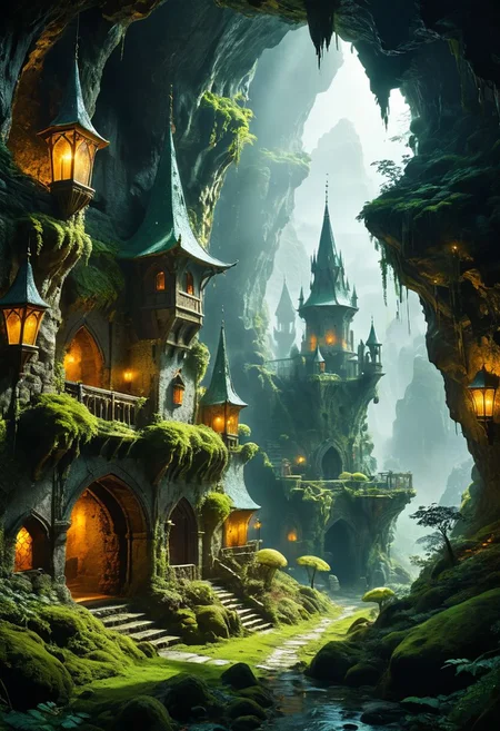 (magical fantasy hanging medieval city buildings with minarets in a fantastical vast expansive underground mossy enclosed cave dimension with lush shrubs vegetation), advntr, floating rock formations in zero gravity, (multi terraced slopes in a procession courtyard, cramped many story houses, many hanging connected multidimensional bridges and aqueducts with vines, giant olivine crystals and fungi), moody misty atmospherics, 4k, highres, best quality, dramatic, cinematic, epic, pantone analogue style, (concept art, digital art, realistic, professional masterpiece, dynamic, (curvilinear perspective), high view angle, establishing shot, low depth of field, tilt shift, iris blur, bokeh, sharp clarity:1.2), dvr-lnds-sdxl, fine intricate details, great lighting, warm dappled soft lighting, volumetric lighting, detailed highlights, rim lighting, low-key