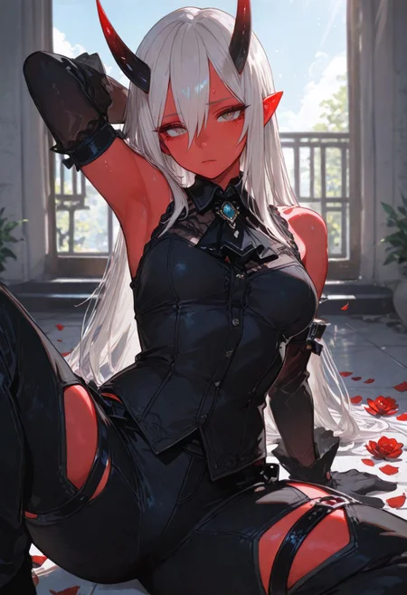 1girl, gorgeous girl , kawaii girl , cute face, masterpiece, best quality, very awa, absurdres, 748cmstyle, usnr
masterpiece, best quality, Good quality, very aesthetic, absurdres, newest,1girl, light rays, looking at viewer, sky, solo, gradient color, erotic, petals falling,
BREAK
ultra-detailed, 8K, illustration, CG, ultra-detailed-eyes, detailed background, ambient occlusion, raytracing, soft lighting, absolutely eye-catching, intricate cinematic background, beautiful face, , eyelashes, erotic, looking seductive, coy. dynamic action image, detailed face, detailed eyes, direct mesmerizing gaze, mature female, medium breast,
BREAK
sexy, slutty, hot, aroused,
Aka-Oni, oni, colored skin, red skin, smooth horns, black horns
BREAK
flirting:2.0, flower,
BREAK
(EyesHD:1.2), (4k,8k,Ultra HD), masterpiece, best quality, ultra-detailed, very aesthetic, sharp focus, depth of field, ray tracing, best lighting, detailed illustration, detailed background, cinematic, beautiful face, beautiful eyes,
BREAK
sweatdrop, expressionless, looking at viewer, on ground, arm behind head, arm support, spread legs, long hair, grey hair, hair between eyes, raised eyebrows, black shirt, sleeveless shirt, black ascot, arm cuffs, black sleeves, detached sleeves, black gloves, black pants, thigh cutout, thigh strap, bare shoulders
