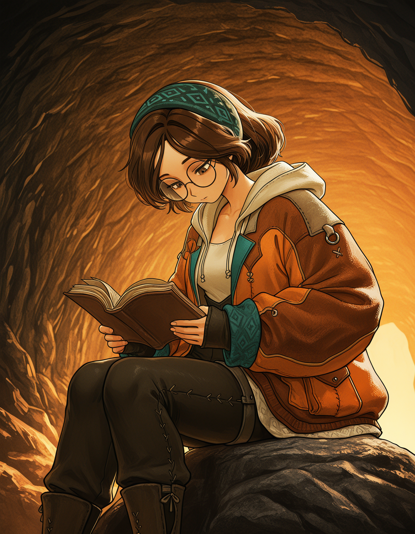 1girl, solo, almaMH, brown hair, hairband, brown eyes, round eyewear, Alma_Outfit, orange jacket, sleeves past wrists, black pants, sitting on rock, reading book, holding book, open book, looking down, rock wall, cave, (dark theme, low light:0.3) <lora:alma_mhwilds_ilxl_v1:0.7>