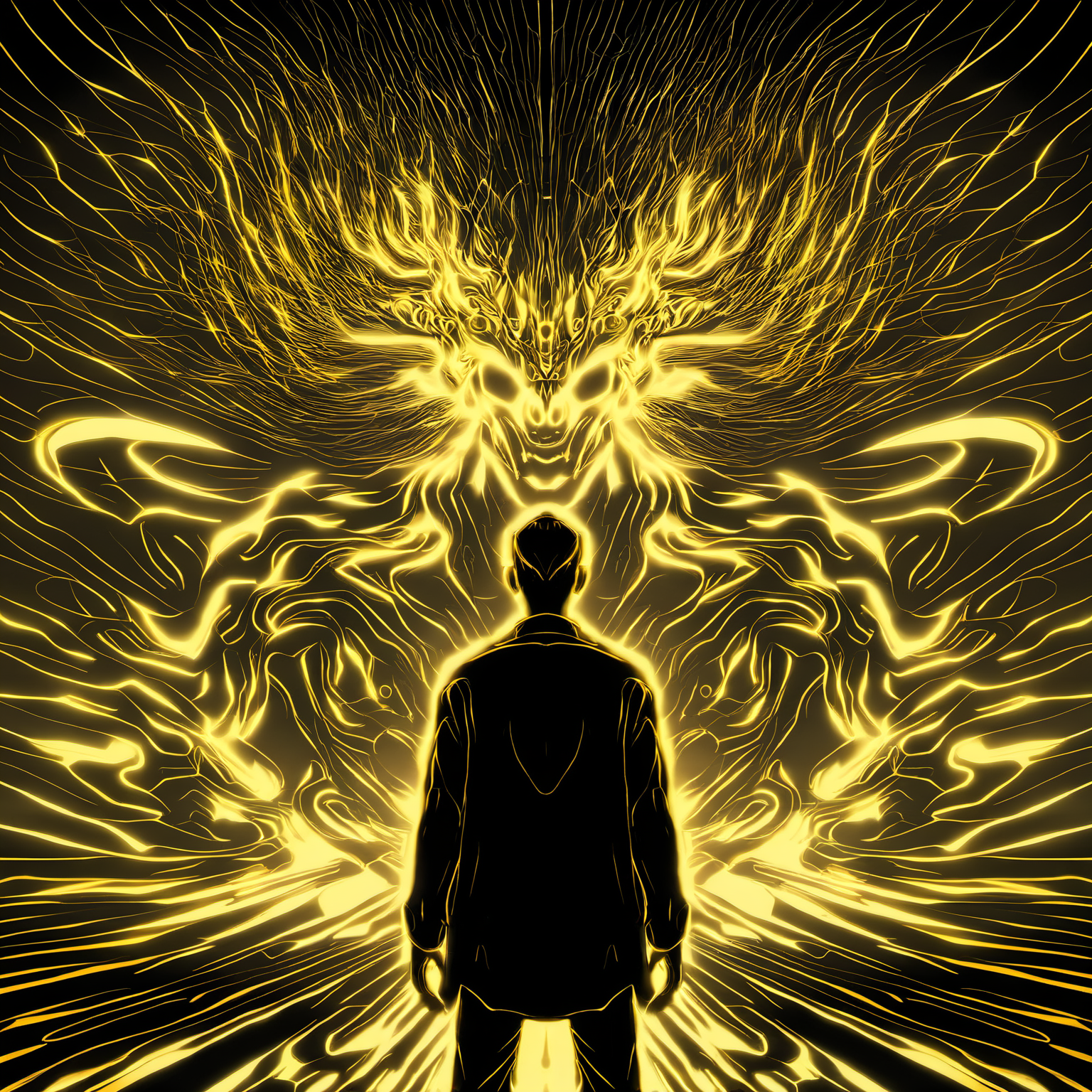 a man standing in front of a projection of immortal,halo,<lora:eastern_mythology_xl:0.7>,golden line,