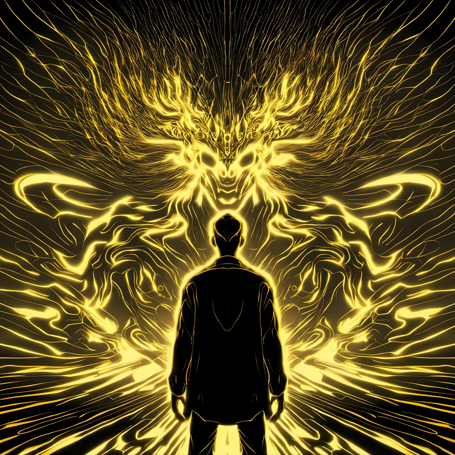 a man standing in front of a projection of immortal,halo,<lora:eastern_mythology_xl:0.7>,golden line,