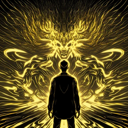 a man standing in front of a projection of immortal,halo,<lora:eastern_mythology_xl:0.7>,golden line,