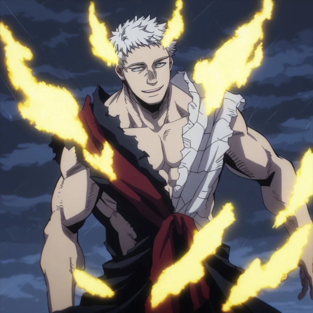 solo, torn clothes, anime, male, short white hair, floating, raining, dark clouds, wet, barefoot, pectorals, grey eyes, yellow glow, yellow aura, yellow fire on body, smile, smoothanime, easynegative, ng_deepnegative_v1_75t, score_9, score_8_up, score_7_up, score_6_up, score_5_up, score_4_up, source_anime, old man, older male, old, older, aged, older male, old facial features, weathered, bara,