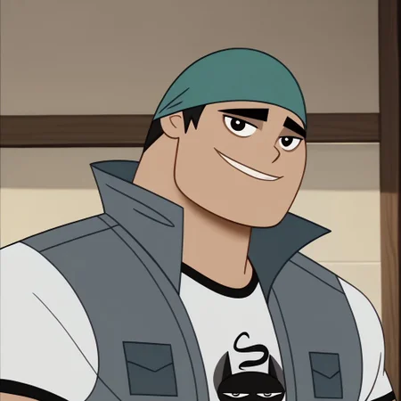 score_9, score_8_up, score_7_up BREAK BiffyD, 1boy, short black hair, black eyes, dark green brimless cap, open sleeveless gray jacket, short-sleeved white shirt with black accents, face view, face closeup, male, male focus, solo focus, alone, screenshot, official art, parody, cartoon footage, official design, screencap, cartoon screenshot, official screenshot, 2d, cartoon, source_cartoon, happy, smiling at viewer,