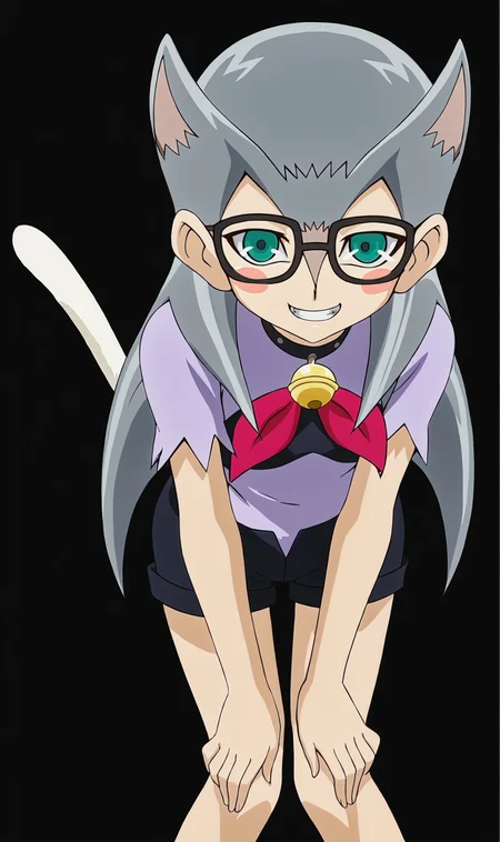 CK, 1girl, solo, grey hair, long hair, aqua eyes, glasses, choker, suspender shorts, purple shirt, torn sleeves, red neckerchief, neck bell, grin, leaning forward, blush stickers, hands on knees, cat tail, standing, looking at viewer, simple background, black background, <lora:Cathy Katherine Pony XL:1>