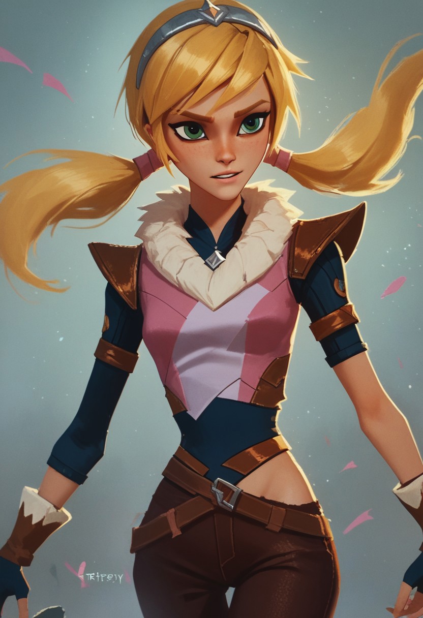 score_9, score_8_up, score_7_up, 1girl, solo, L4RKSH, blonde hair, twin pigtails, silver headband, green eyes, white fur collar, rag clothes, pink rag shirt, fingerless gloves, brown pants, brown fur calf boots, highly detailed, intricate, zzCitronCAT, cowboy shot