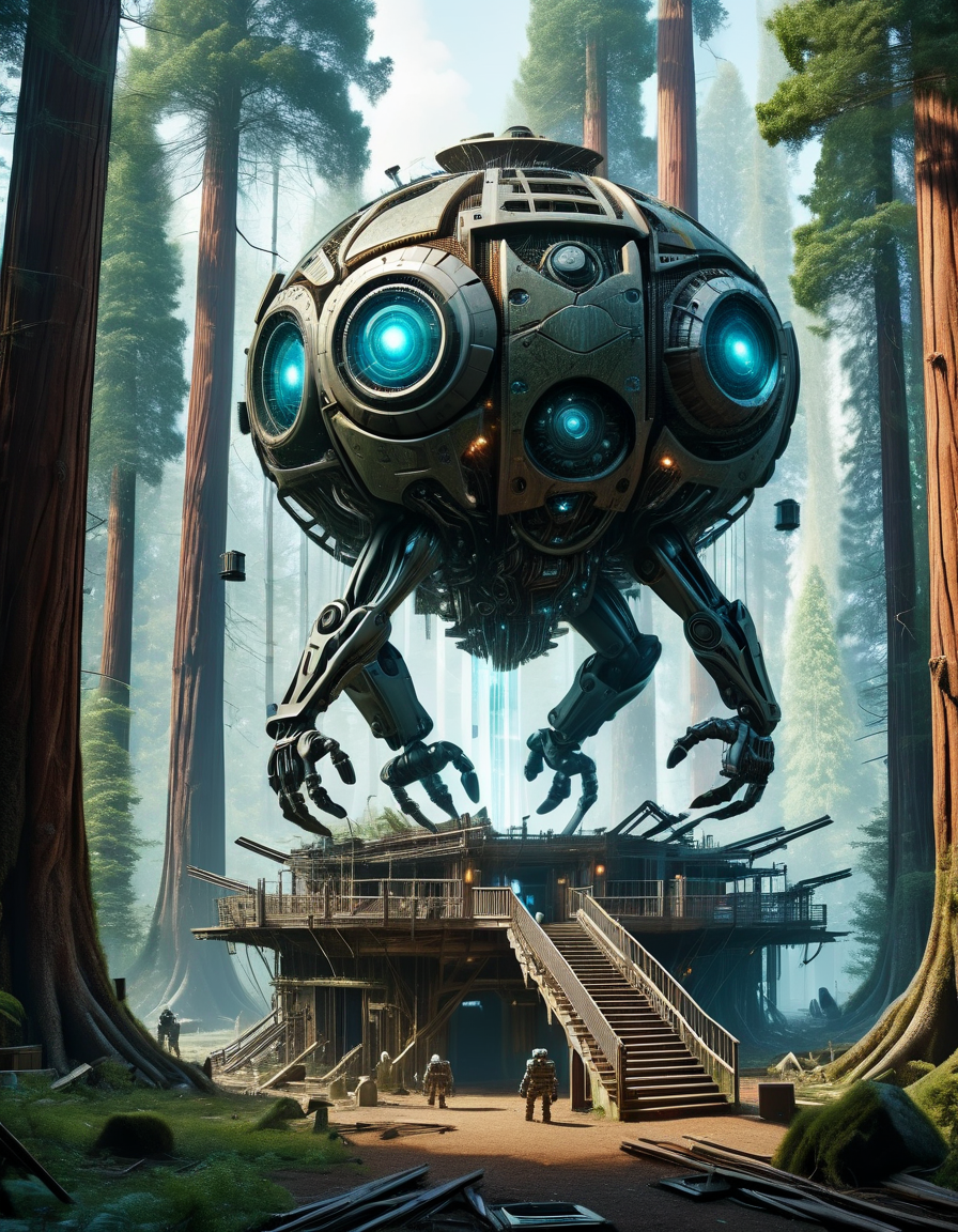 Robotic behemoth stomping through ruins in Treehouse village in ancient redwoods, ultra-fine digital painting, ral-iontivevisions <lora:ral-iontinvevisions-sdxl:1> ral-iontivevisions landscape
