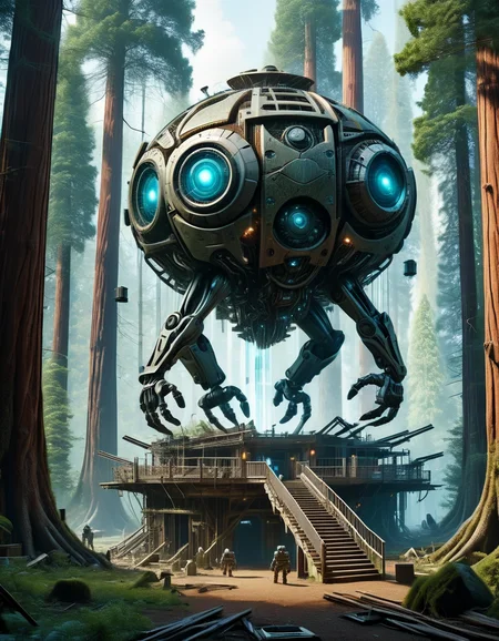 Robotic behemoth stomping through ruins in Treehouse village in ancient redwoods, ultra-fine digital painting, ral-iontivevisions <lora:ral-iontinvevisions-sdxl:1> ral-iontivevisions landscape