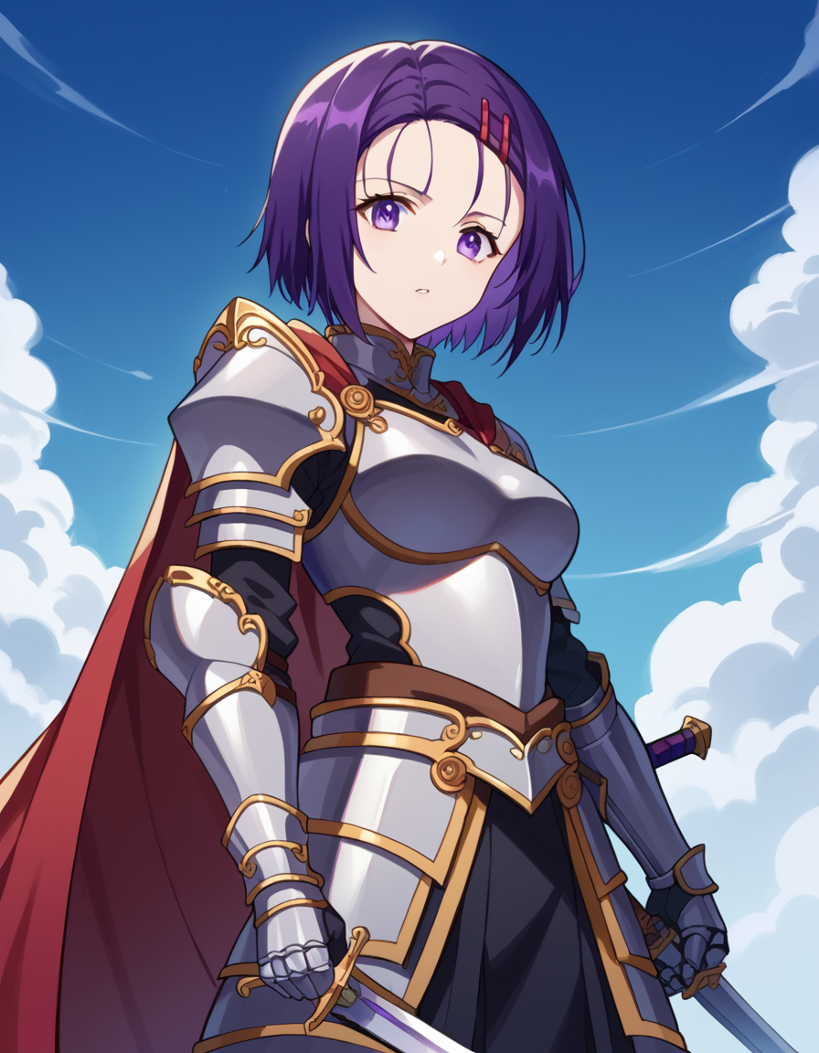 score_9, score_8_up, score_7_up, source_anime, <lora:haruna-sairenji-darkness-ponyxl-lora-nochekaiser:1>, haruna sairenji, hair ornament, hairclip, purple eyes, purple hair, short hair, swept bangs, forehead, medium breasts, <lora:knight-ponyxl-lora-nochekaiser:1>, knight, armor, cape, sword, weapon, holding weapon, shoulder armor, gauntlets, helmet, pauldrons, red cape,, blue sky, clouds, from below, parted lips, looking at viewer