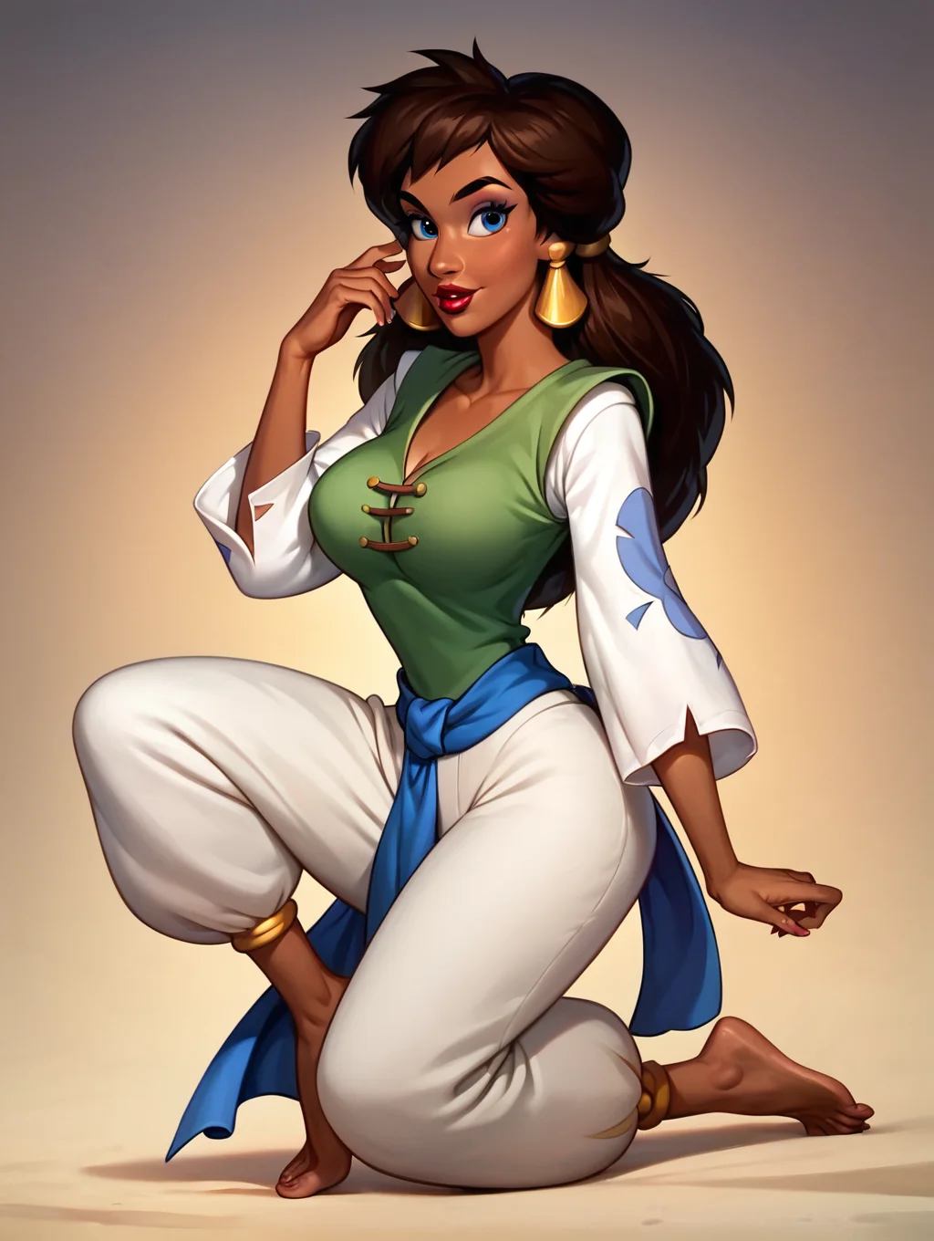 score_9, score_8_up, score_7_up, toon \(style\),ultra high quality,ultra high resolution,ultra ,full body, seductive, very realistic,(extremely detailed), detailed background,,(masterpiece, best quality, high quality, highres, ultra-detailed),toon (style), flat color, <lora:Sadira:0.8> sadira, messy dark brown hair, thick lips, blue eyes, green vest, tanned skin, golden hair accessoires, red lips, golden hair accessoire, ragged white shirt with patches over the sleeves, big breasts,upper body,dark brown hair,harem pants,white pants,barefoot,arabian market place,basar,blue belt,