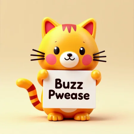 A cute kawaii cat character in a 3d style holding a sign that says "Buzz Pweeease"