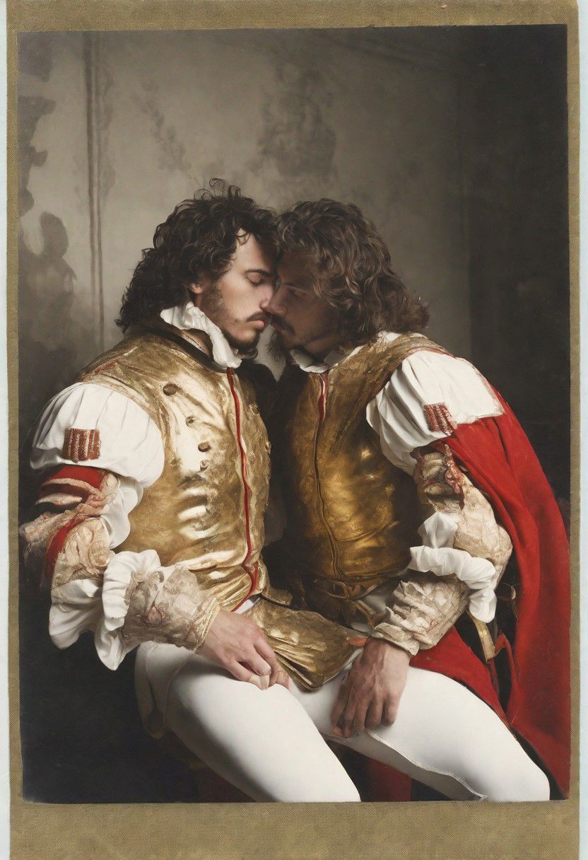 portrait of  two French male Musketeers making love, completely nude,  in room of white porcelain and gold, 38-year-old, penis, handsome, scar across chest, fierce looking, dynamic pose, intimate, 17th century style, masterpiece drawing,(faded&glossy polaroid with red and gold highlights), context, vastness++, 4k, ac_neg1