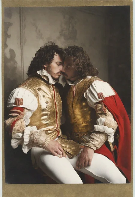 portrait of two French male Musketeers making love, completely nude, in room of white porcelain and gold, 38-year-old, penis, handsome, scar across chest, fierce looking, dynamic pose, intimate, 17th century style, masterpiece drawing,(faded&glossy polaroid with red and gold highlights), context, vastness++, 4k, ac_neg1