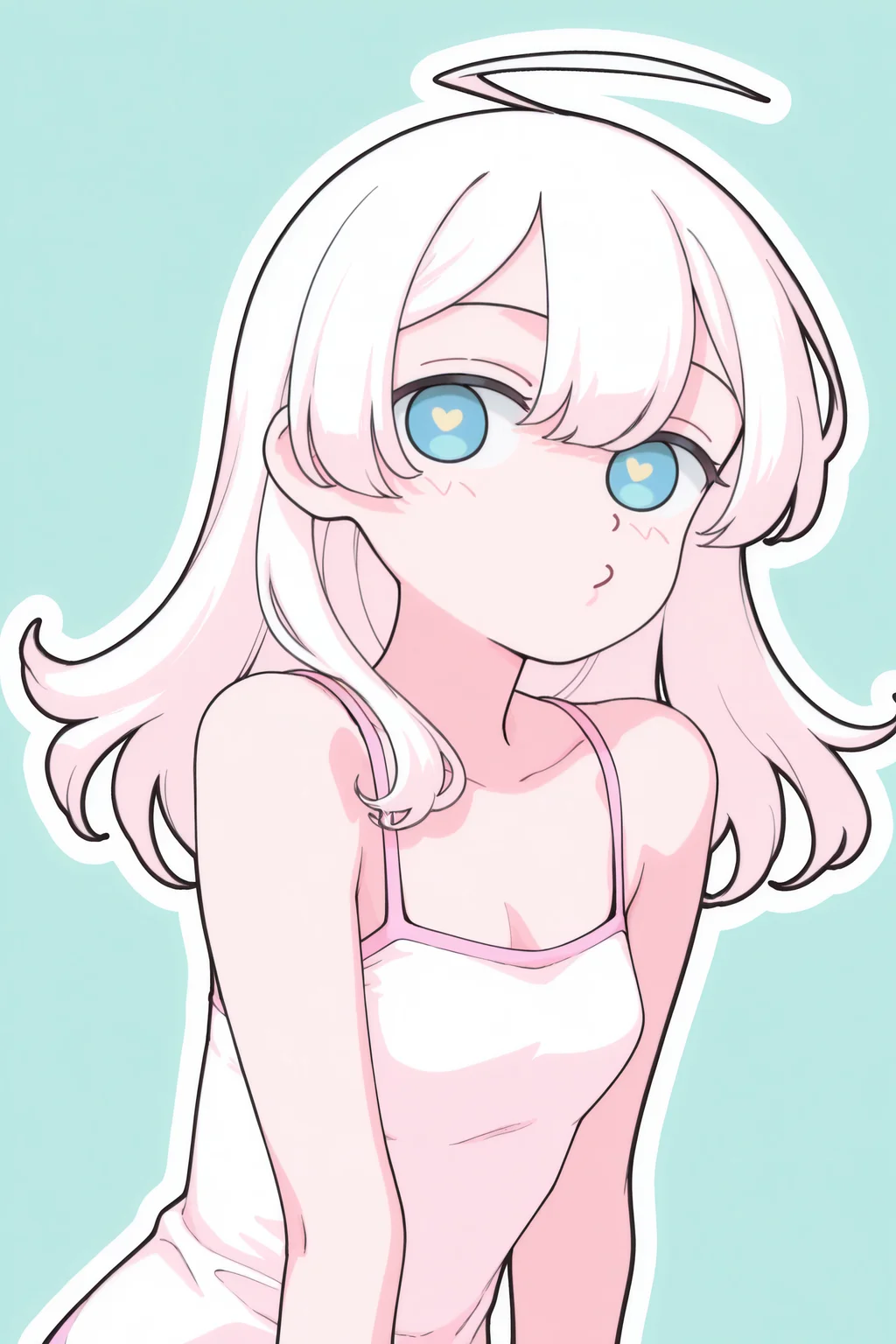 <lora:OMS_Honeypie_Girl:1>
omshoneypiegirl, 1girl, cute, white hair, long hair, blue eyes, ahoge, solo, camisole, bare shoulders, small breasts,
amazing quality,very aesthetic,absurdres,newest, white outline,
simple background, looking at viewer, o3o,