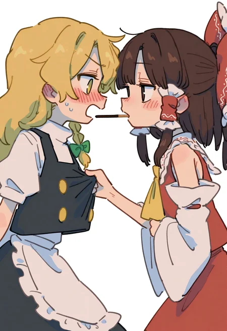 masterpiece, best quality, good quality, very awa, firedotinc,
touhou, hakurei reimu, kirisame marisa, 2girls, ascot, black vest, blonde hair, blush, bow, brown hair, clothes grab, collared shirt, detached sleeves, eye contact, food, food in mouth, frilled bow, frilled hair tubes, frills, green ribbon, hair bow, hair tubes, long hair, looking at another, multiple girls, neck ribbon, no headwear, open mouth, pocky, pocky in mouth, puffy short sleeves, puffy sleeves, red bow, red skirt, ribbon, shirt, short sleeves, skirt, skirt set, vest, white shirt, yellow ascot, yellow eyes, yuri, embarrassed, white background,
<lora:ai_styles_collection_noob_vpred-0.75-v3.2:1>