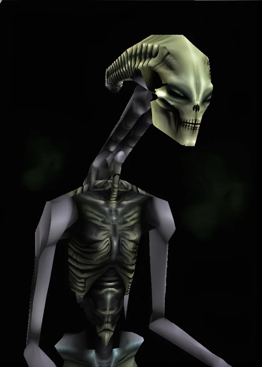 alien god is a creature with a caustic facepaint and giger skull, (ps1 style:1), <lora:ps1_style_SDXL_v1:1>, (game screenshot), (computer generated image)