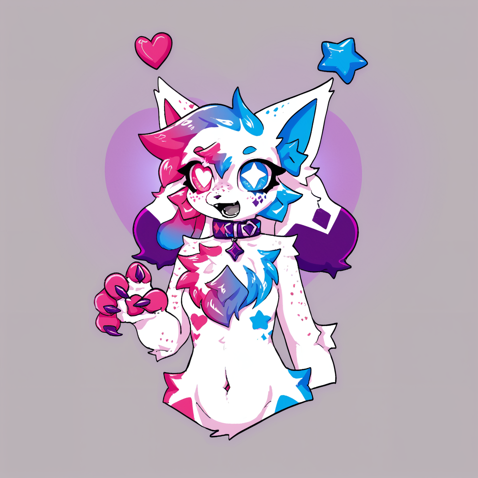 score_9, score_8_up <lora:crystal_sprinkles-PONY:0.8> crystalsprinkles, female, solo, looking at viewer, open mouth, cropped torso, collar, freckles, hand up, chest fur, claws, animal nose, body fur, flat color, shading, heart-shaped symbol, star-shaped symbol