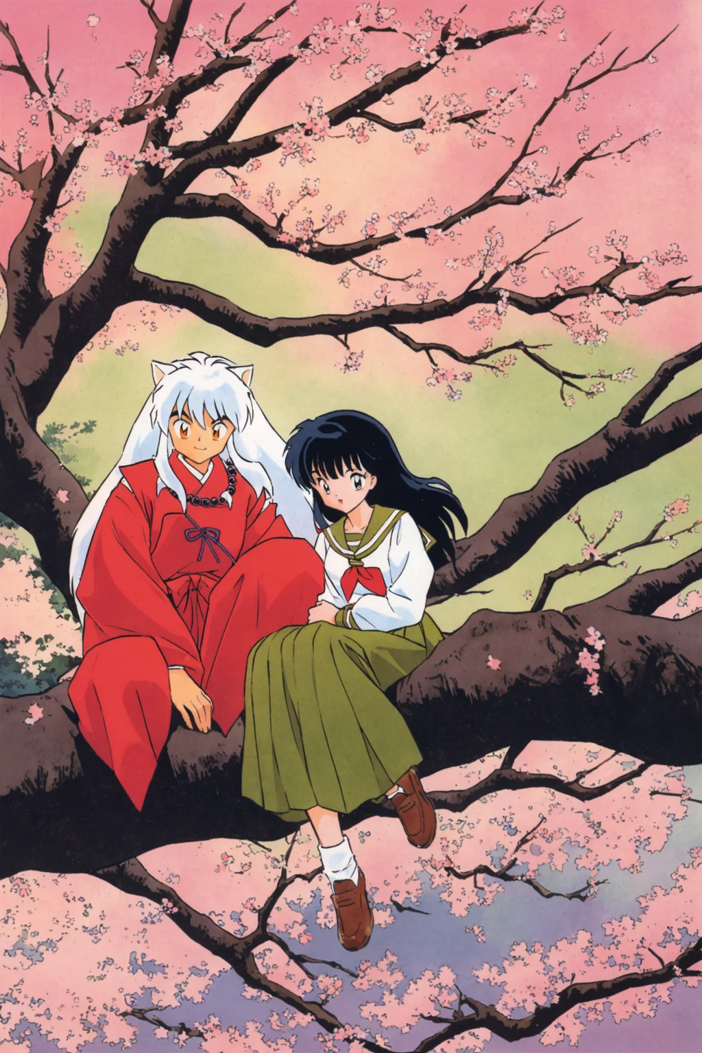 1girl,Higurashi Kagome,animal ears,1boy,Inuyasha,cherry blossoms,school uniform,long hair,serafuku,red japanese clothes,skirt,black hair,white hair,dog ears,tree,sitting,pleated skirt,in tree,retro artstyle,smile,sitting in tree,long sleeves,green skirt,socks,neckerchief,branch,brown footwear,<lora:Takahashi Rumiko_XL:0.8>,