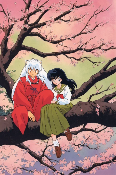 1girl,Higurashi Kagome,animal ears,1boy,Inuyasha,cherry blossoms,school uniform,long hair,serafuku,red japanese clothes,skirt,black hair,white hair,dog ears,tree,sitting,pleated skirt,in tree,retro artstyle,smile,sitting in tree,long sleeves,green skirt,socks,neckerchief,branch,brown footwear,<lora:Takahashi Rumiko_XL:0.8>,