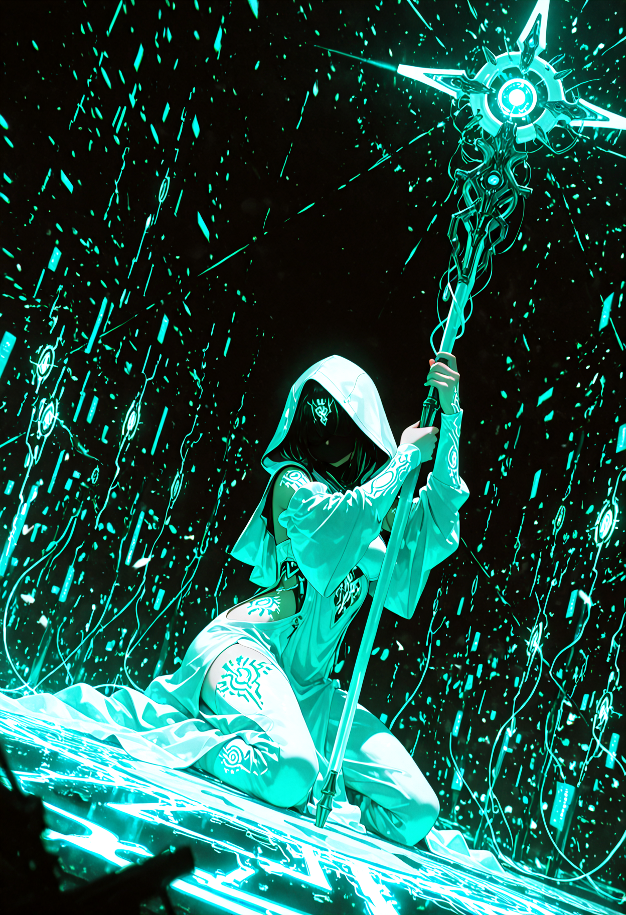 1gril, solo, dynamic angle, kneeling, slashing, glowing (circuit tattoo:1.4), robe, side cutout, detached sleeves, hood up, noble, simulator, blindfold, covered eyes, shaded face, holding staff, planted staff, sanctuary, (runes:0.5), (electricity:0.2), over technology, geometry, white theme, polarized, chromatic aberration, disintegration effect, (abstract expressionism:0.6), artistic filter, two-tone background, blurry foreground, fantasy, science fiction, future, ancient, masterpiece, best quality, amazing quality, very aesthetic, absurdres, newest, <lora:circuit_tattoo:0.8>