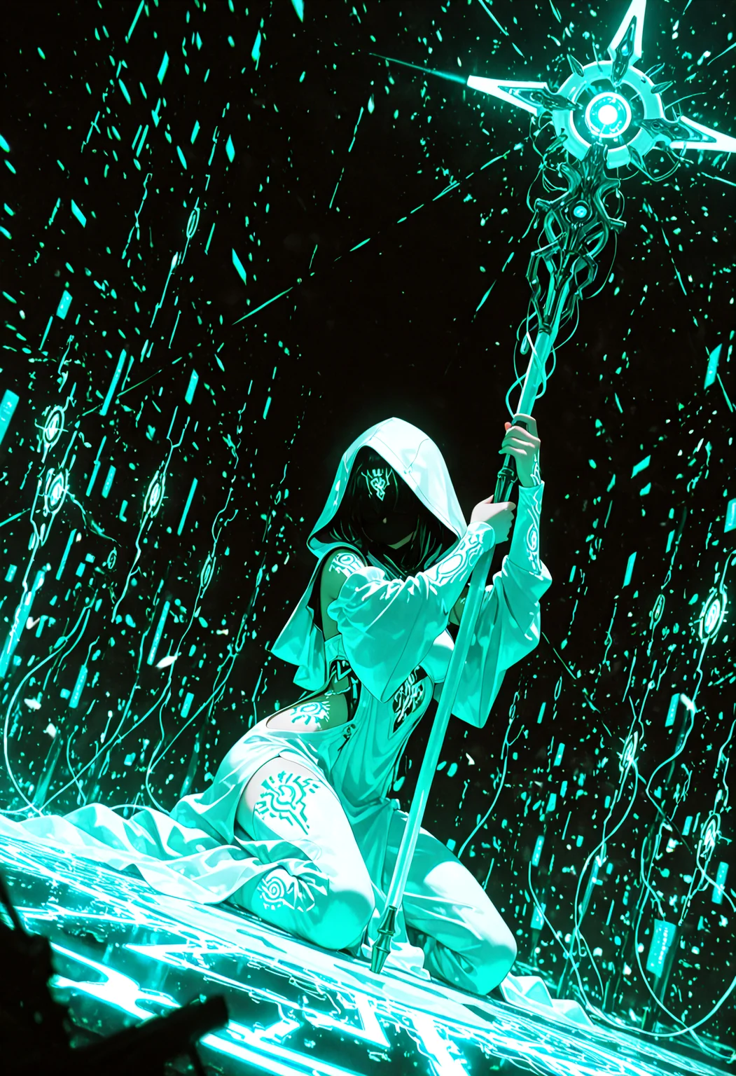 1gril, solo, dynamic angle, kneeling, slashing, glowing (circuit tattoo:1.4), robe, side cutout, detached sleeves, hood up, noble, simulator, blindfold, covered eyes, shaded face, holding staff, planted staff, sanctuary, (runes:0.5), (electricity:0.2), over technology, geometry, white theme, polarized, chromatic aberration, disintegration effect, (abstract expressionism:0.6), artistic filter, two-tone background, blurry foreground, fantasy, science fiction, future, ancient, masterpiece, best quality, amazing quality, very aesthetic, absurdres, newest, <lora:circuit_tattoo:0.8>