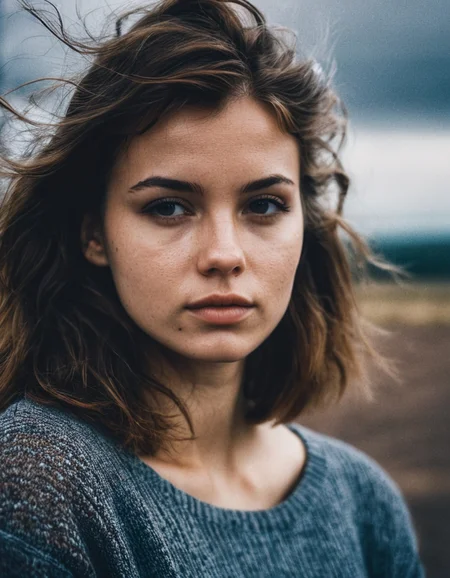 front shot, portrait photo of a cute 22 y.o woman, looks away, full lips, natural skin, skin moles, stormy weather, (cinematic, film grain:1.1)