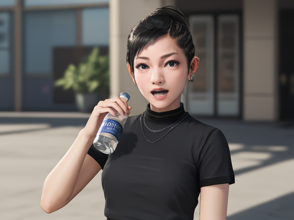 score_9, score_8_up,score_7_up,1girl,chitose,<lora:Chitose_Fujinomiya:1>black shirt, holding bottle,open mouth,