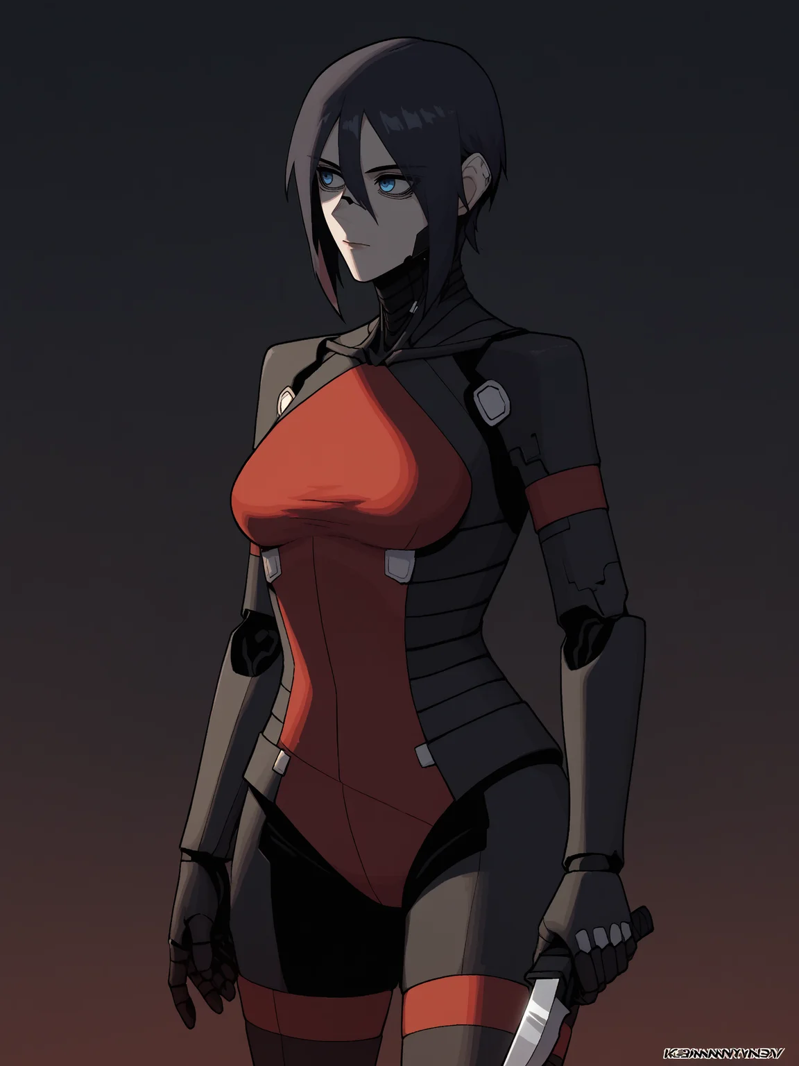 score_9, score_8_up, score_7_up, score_6_up, score_5_up, score_4_up, rating_safe
BREAK
elster, cyborg, black hair, blue eyes, expressionless, looking away, hair between eyes,
BREAK
solo, cowboy shot, skinny, black bodysuit, red accents, red leotard, medium breasts, holding knife,
BREAK
black background, <lora:Lunas-K3nnyn3v-SDXL-A1:1> <lora:Lunas-Elster-Signalis-SDXL-A1:1>