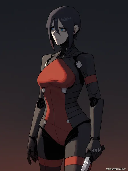 score_9, score_8_up, score_7_up, score_6_up, score_5_up, score_4_up, rating_safe
BREAK
elster, cyborg, black hair, blue eyes, expressionless, looking away, hair between eyes,
BREAK
solo, cowboy shot, skinny, black bodysuit, red accents, red leotard, medium breasts, holding knife,
BREAK
black background, <lora:Lunas-K3nnyn3v-SDXL-A1:1> <lora:Lunas-Elster-Signalis-SDXL-A1:1>