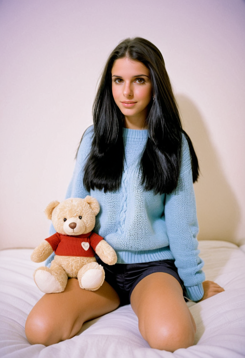 Bianc4Fr3ir3, Bianca Freire, <lora:Bianc4Fr3ir3-sdxl:1>, 1girl, sweater, solo, stuffed toy, shorts, stuffed animal, long hair, realistic, teddy bear, black hair, looking at viewer, bokeh, focus, film, velvia, artistic, best quality, photograph, focus