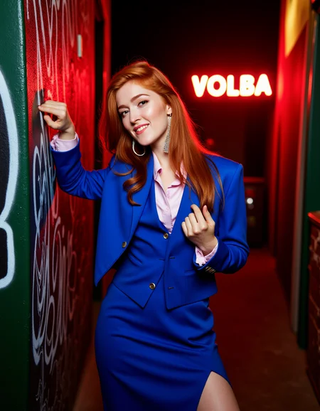 In a narrow, dimly lit alley, the redheaded beauty leans against a graffiti-covered wall, one high-heeled boot propped up behind her. She wears a beautiful electric blue 80s woman's suit, light pink blouse, with interesting alluring accessories. The flickering neon casts an electric glow on her sharp cheekbones as she smirks at the lens, utterly in control. Behind her, a lonely neon light alley, enhancing presence of a woman who owns the night. <lora:jialissa64:0.9>