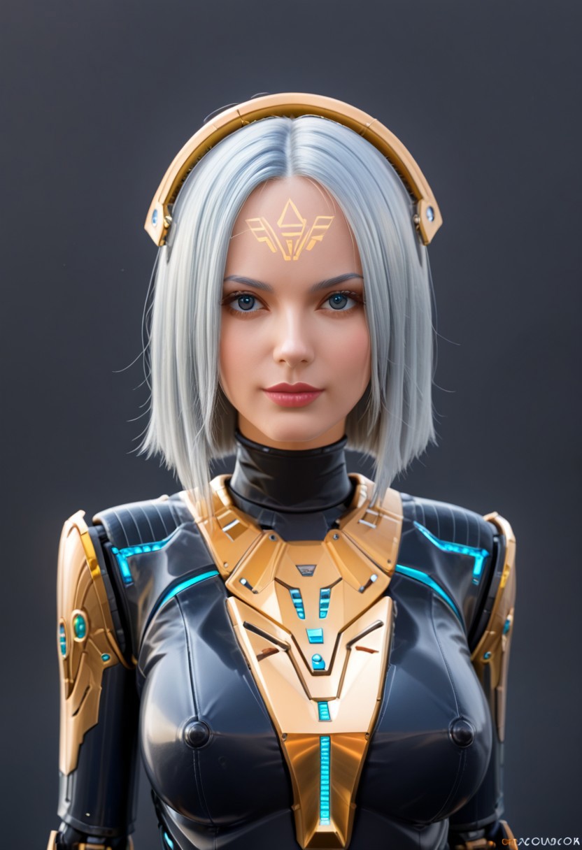 A 35mm photo of a beautiful robotic woman, she has a faceless robotic head, robot, silver hair, smooth metallic featureless feminine body, blue colour with gold accents
no face