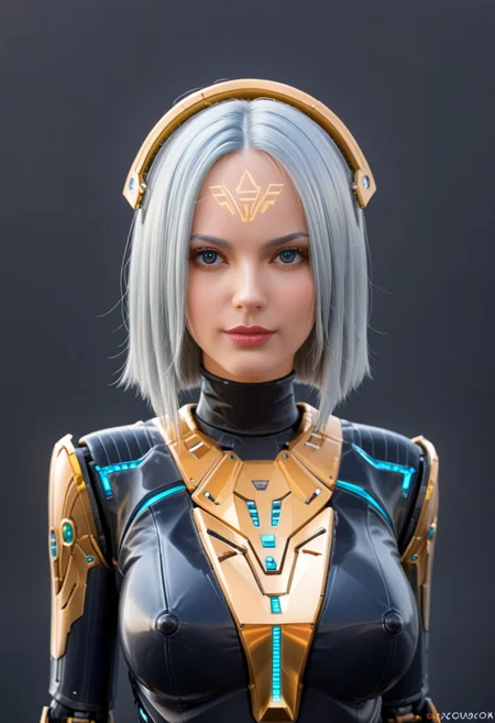 A 35mm photo of a beautiful robotic woman, she has a faceless robotic head, robot, silver hair, smooth metallic featureless feminine body, blue colour with gold accents
no face