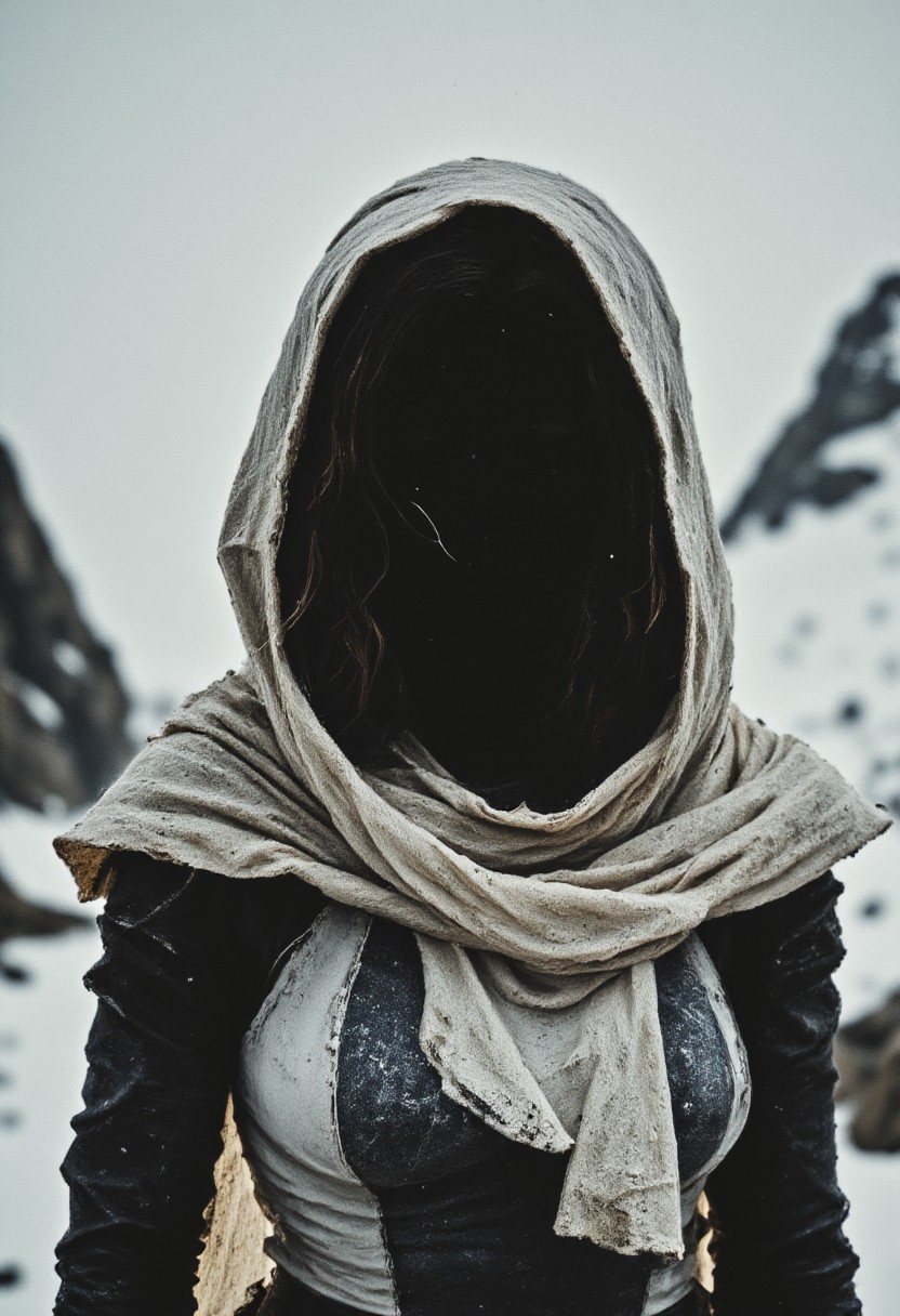 Outside, snowy mountain, Extreme CloseUp of the hooded No Face, DARK movie still, heavy Film grain, monochrome with Low Key color Highlights, A dystopian DARK Female Busty villain No Face mona lisa clad in a bright but worn White Habit, billowing Long wide hood, outworn Cape and armored suit, dust, dirt, gritty, Red billowing Aura, Film Noir Style, high contrast, deep blacks, vibrant amber and White/beige, soothing bleaked atmospheric lighting, eye-trails, snow, Wind, floating particles,