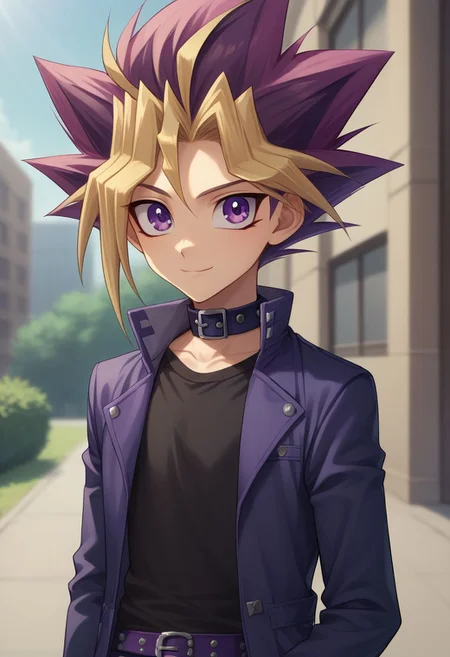 score_9, score_8_up, source_anime, highly detailed,
yugi, 1boy, skinny, cute, male focus, solo, dyed bangs, smile, purple eyes, blonde hair, spiked hair, bangs, shirt, collar, multicolored hair, jacket, black shirt, purple hair,
outdoor,