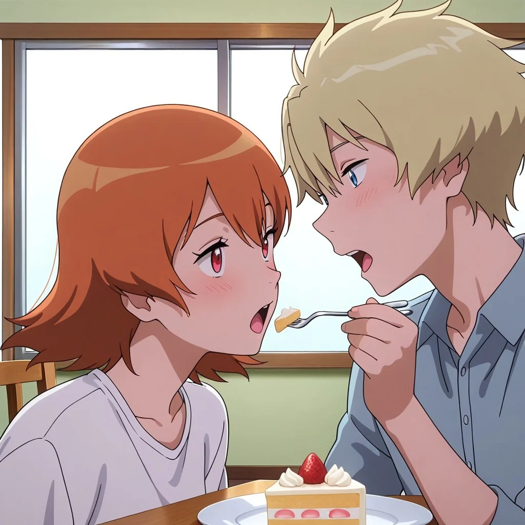 (couple,:1.3),
1girl,sora_takenouchi_tri, orange hair, red eyes,,
1boy,yamato_ishida_tri,blond hair, blue eyes,,
romance,hetero,,
masterpiece, absurdres, newest, perfect quality, best quality, absolutely eye-catching, amazing quality, very aesthetic, high resolution, ultra-detailed,,
feeding,food, open mouth, incoming food,,
cake, plate ,holding fork,,
(wide shot:1.3)